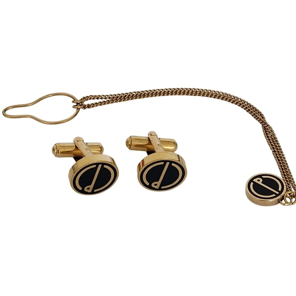 Dunhill Vintage Cufflinks and Tie Chain Set Gold Tone Black Enamel d Logo
